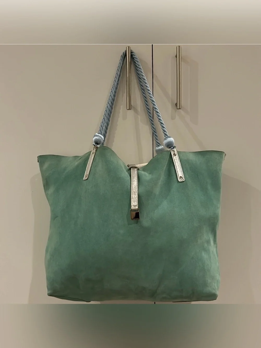 Tiffany & Co. Green Suede/Silver Metallic Reversible Tote with Silver Accents